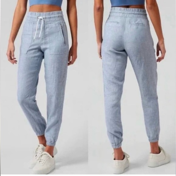 ATHLETA Cabo 100% Linen Jogger Chambray Blue Size 4 Small Pants Coastal.   20 - Picture 1 of 7